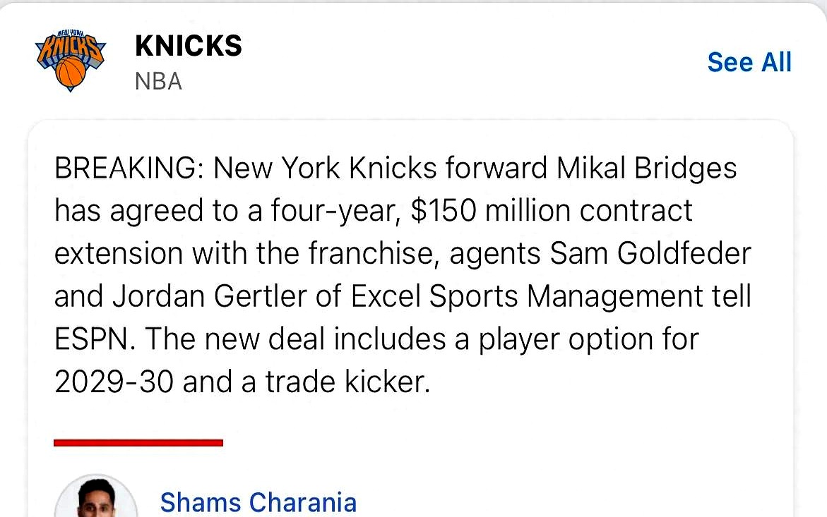 关于4年15亿美元！尼克斯提前续约布里奇斯的信息